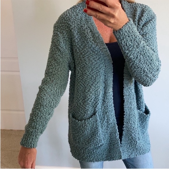Blue/Green Color Popcorn Texture Open Cardigan - Picture 6 of 9